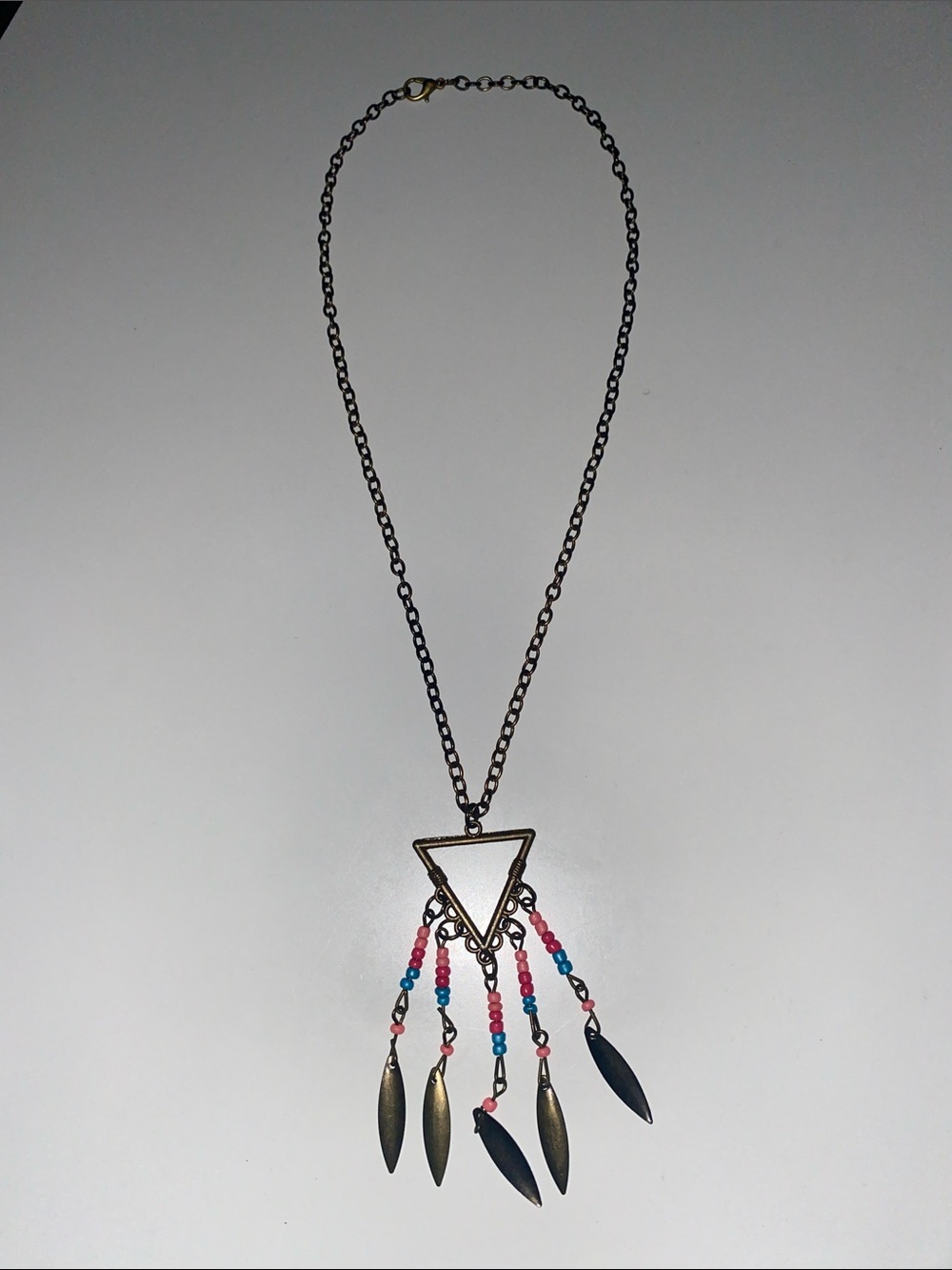 Bohemian Triangle Pendant Necklace with Pink & Blue Beads